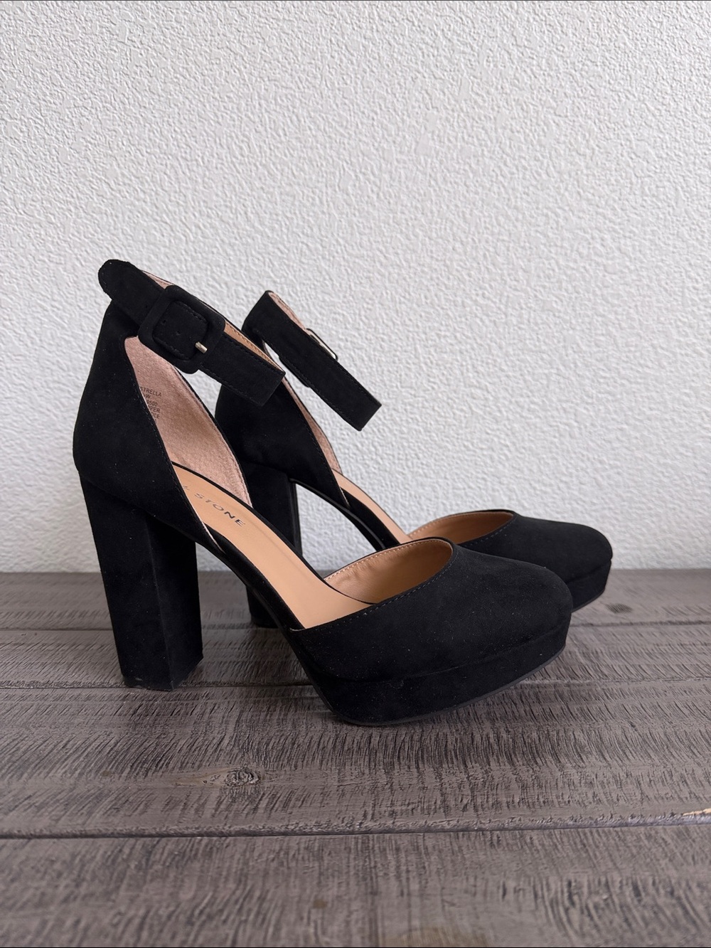 Sun + Stone Eliza Black Faux Suede Ankle-Strap Heels NIB